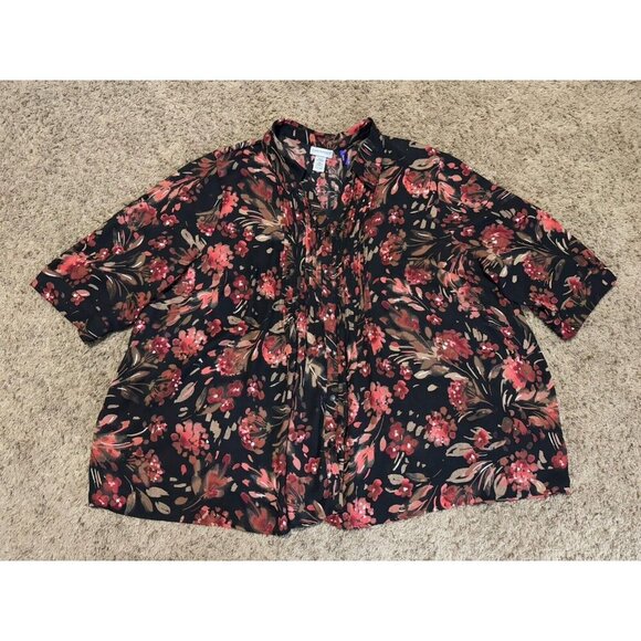 CATHERINES Blouse Top Black Red Floral Button Up 3/4 Sleeve Vneck Sz 3X Petite - Picture 7 of 7